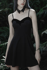 Robe à bretelles gothique pour femme avec broderie soleil en polaire noire